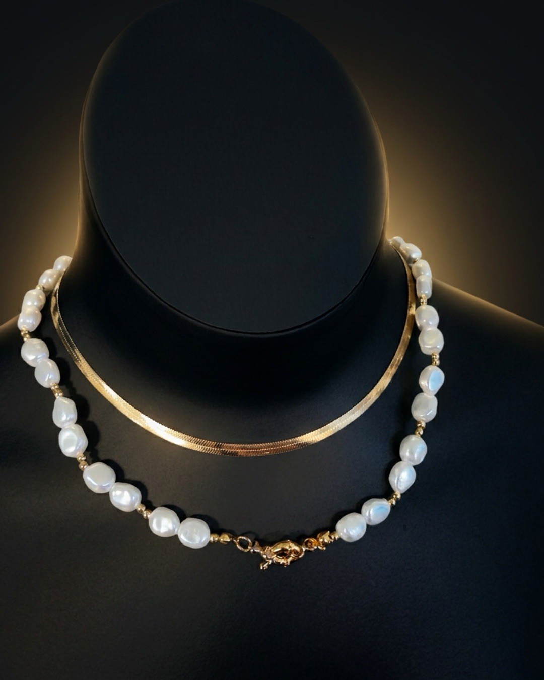 White Round Pearl Beaded Choker Necklace 2-Piece Set, Gold Tone Lobster Clasp