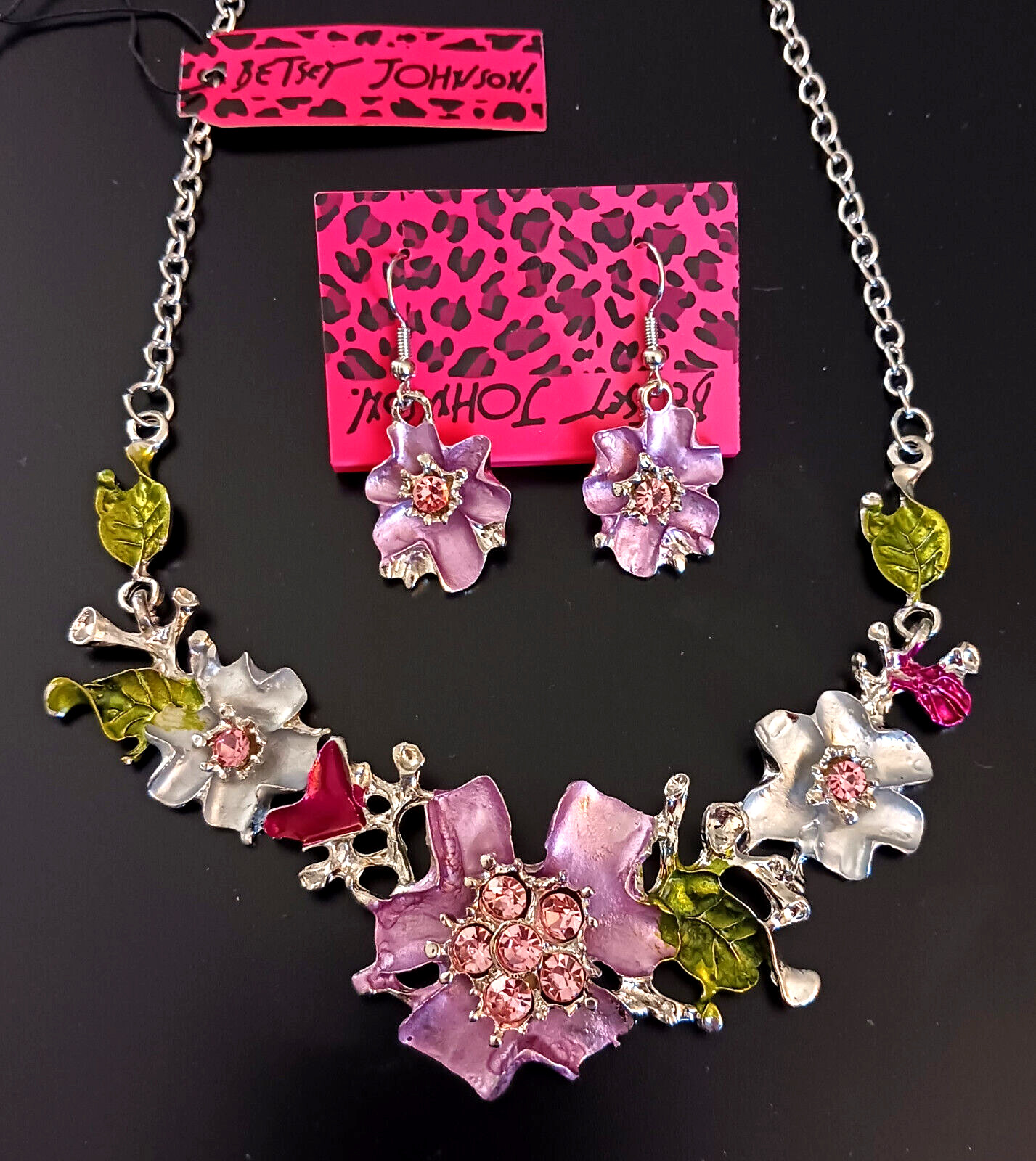 Bouquet Pink FLOWER GARDEN Floral Rhinestone Betsey Johnson Necklace Earring Set
