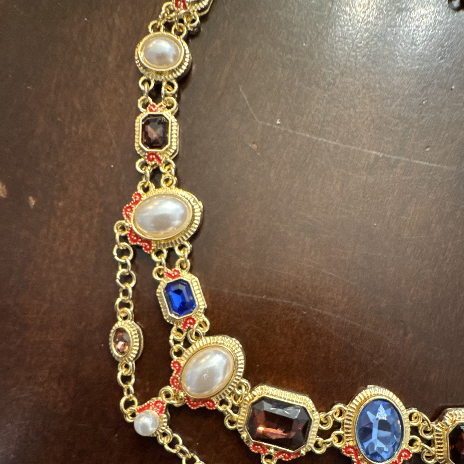 Gold Tone Statement Multi-Strand Necklace Simulated Pearls Crystal Teardrop
