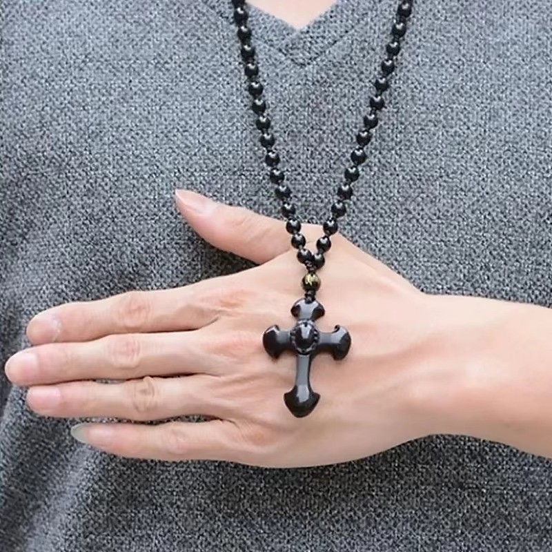 Natural crystal black obsidian cross necklace Amulet pendant with chain