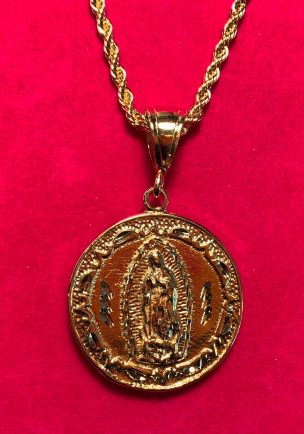 14KT GOLD PLATED LARGE 2 SIDED JESUS/VIRGIN MARY MEDALLION &18″ 4mm ROPE -4802