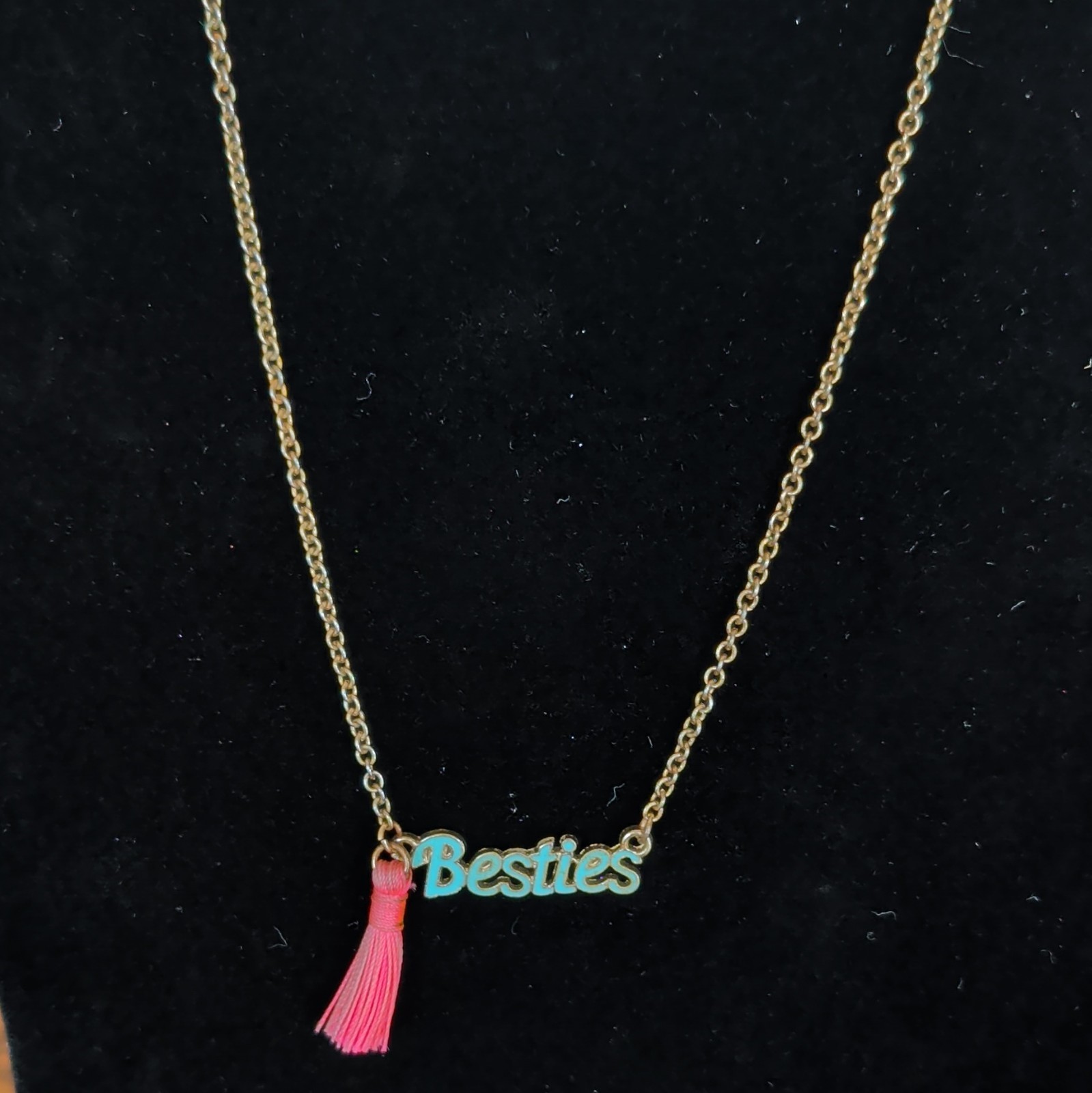 Gold Tone Cable Chain Necklace “Besties” Charm Pendant w/ Pink Tassel