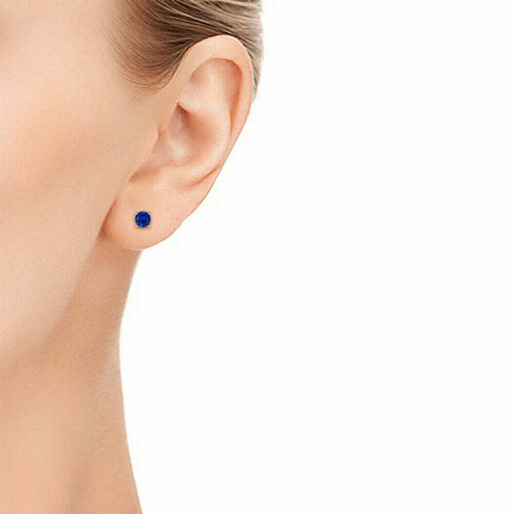 925 Sterling Silver Round Cut Lab Created Blue Sapphire Round Stud Earrings 6MM