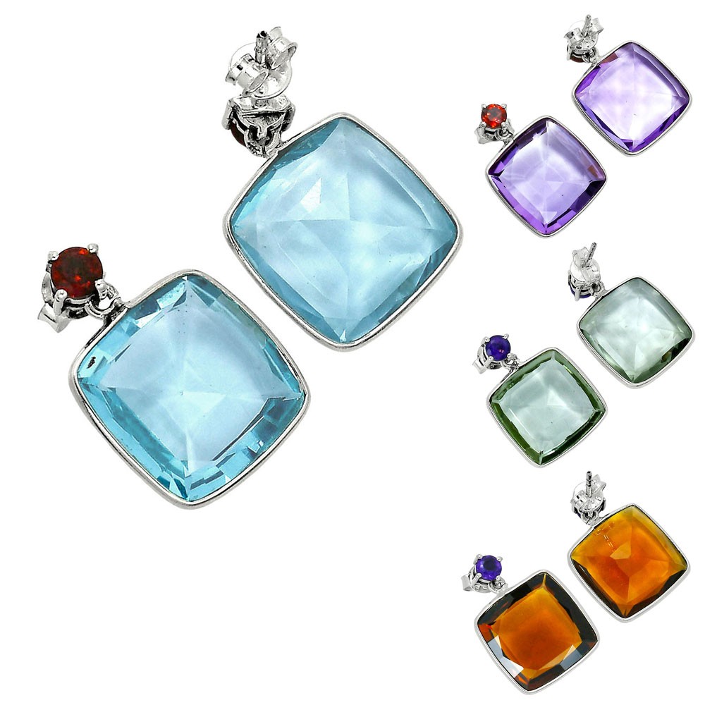 Luxury Cushion Cut Natural Gemstone Drop Earrings in 925 Sterling Silver AGE1019