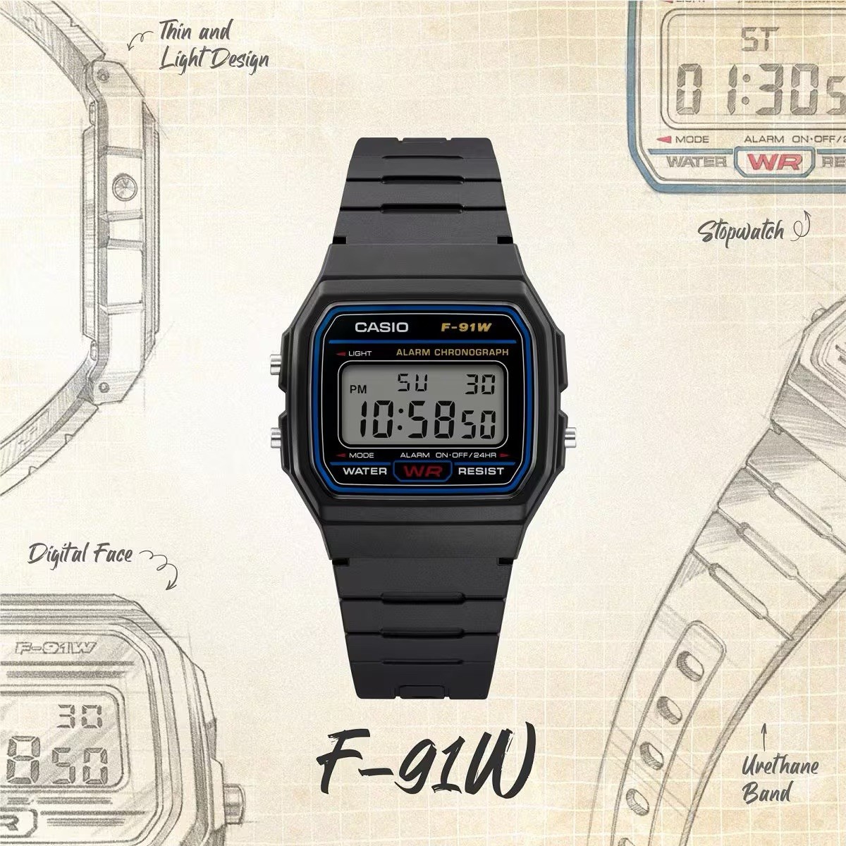 Casio F91W, 7 Year Battery Chronograph Watch, Black Resin Strap, Alarm, NEW