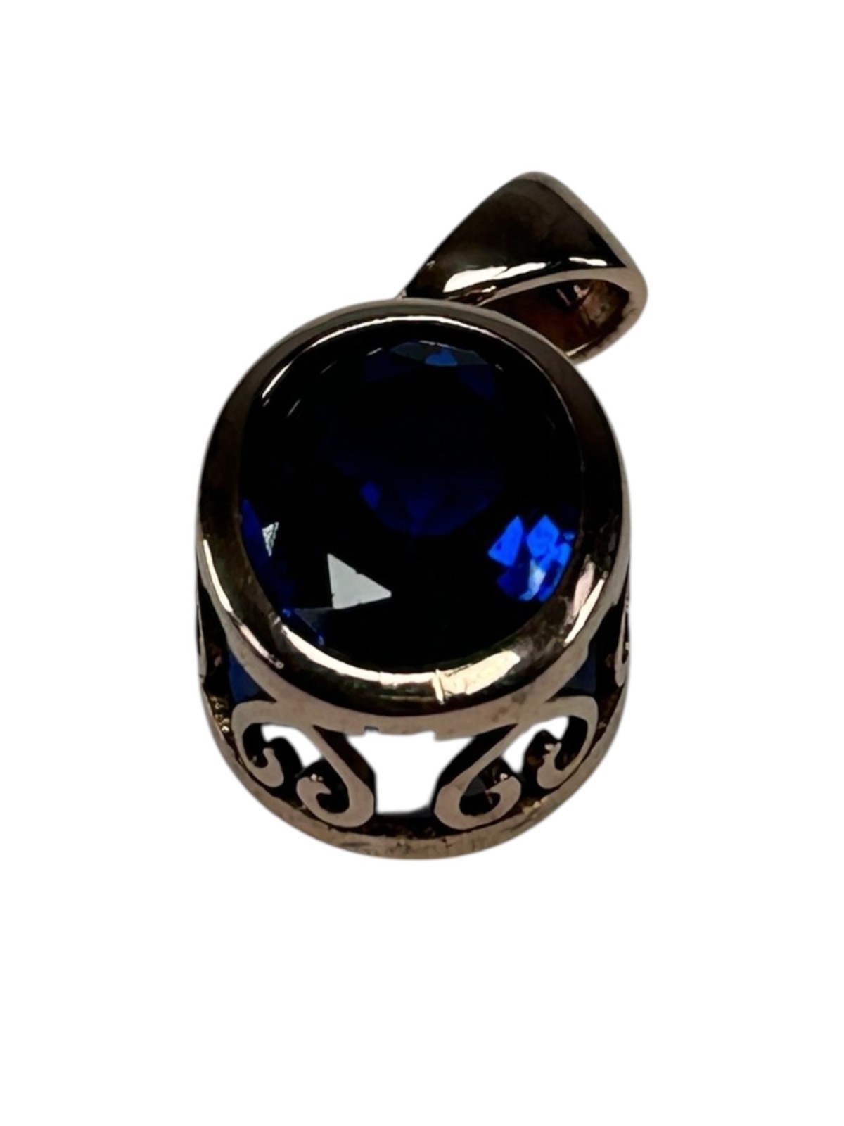 J&T 925 Sterling Silver Pendant Blue Glass Stone RoseGold Vermeil Heart Filigree