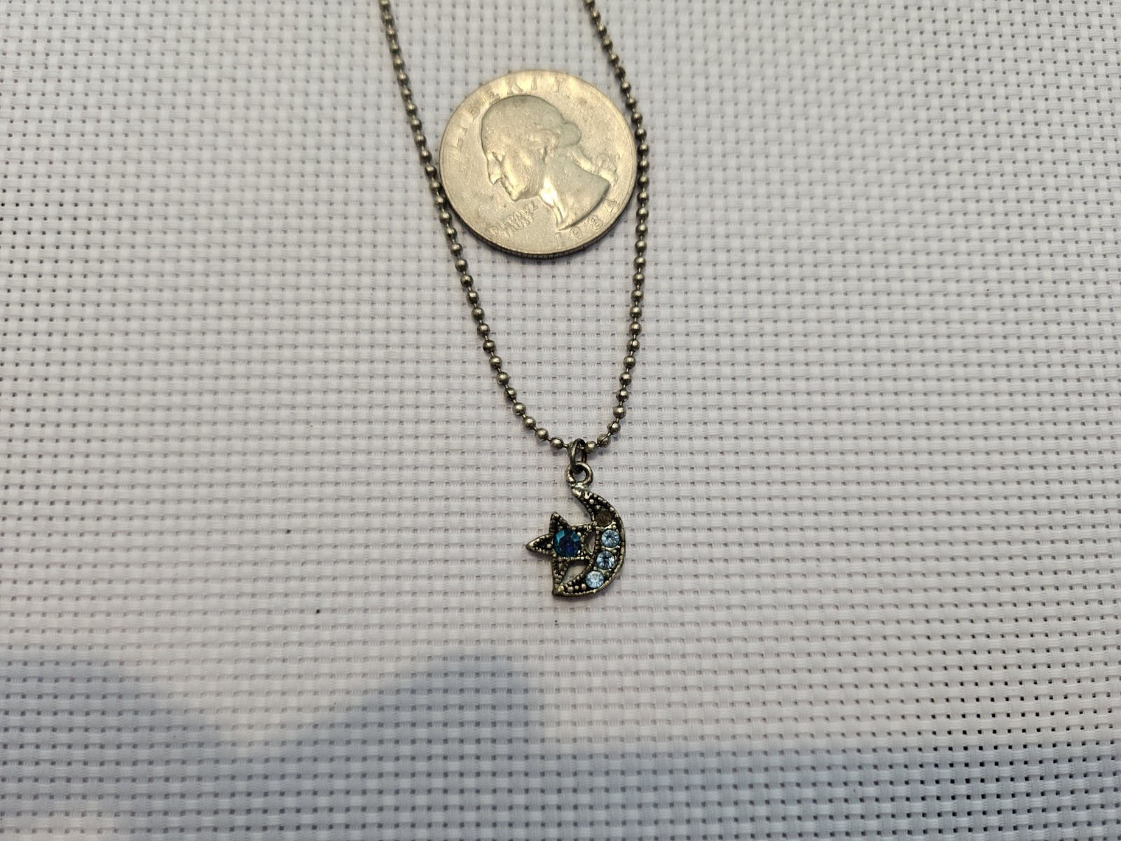 Celestial Moon & Star Necklace Blue Rhinestone Crescent Pendant Silver Tone