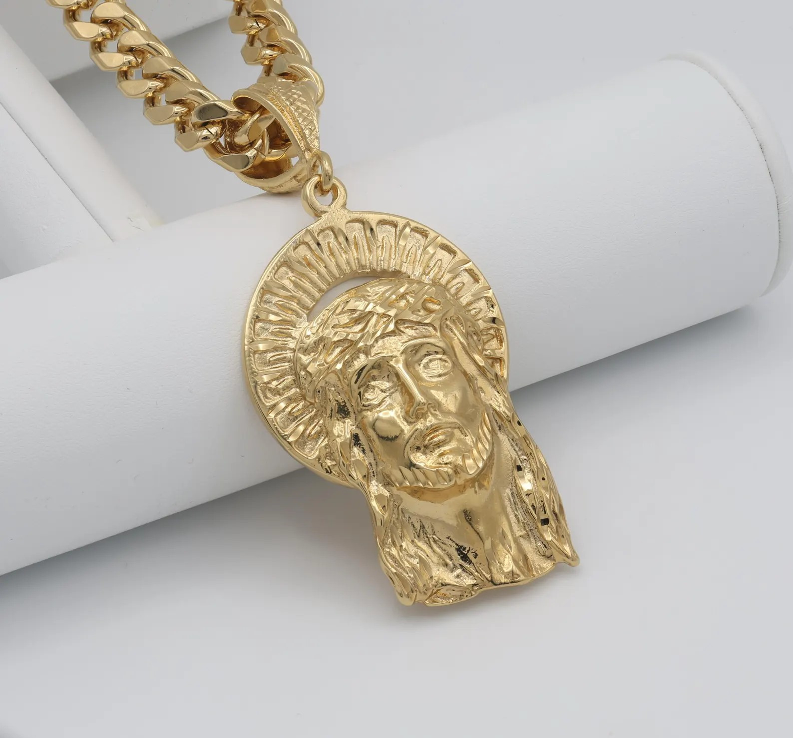 Jumbo Jesus Necklace, 14k Heavy Gold Plated, 10mm Cuban Style Chain