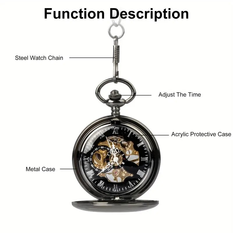 NEW! Automatic Mechanical Self-Winding Pocket Watch – Black – Great Gift for Dad