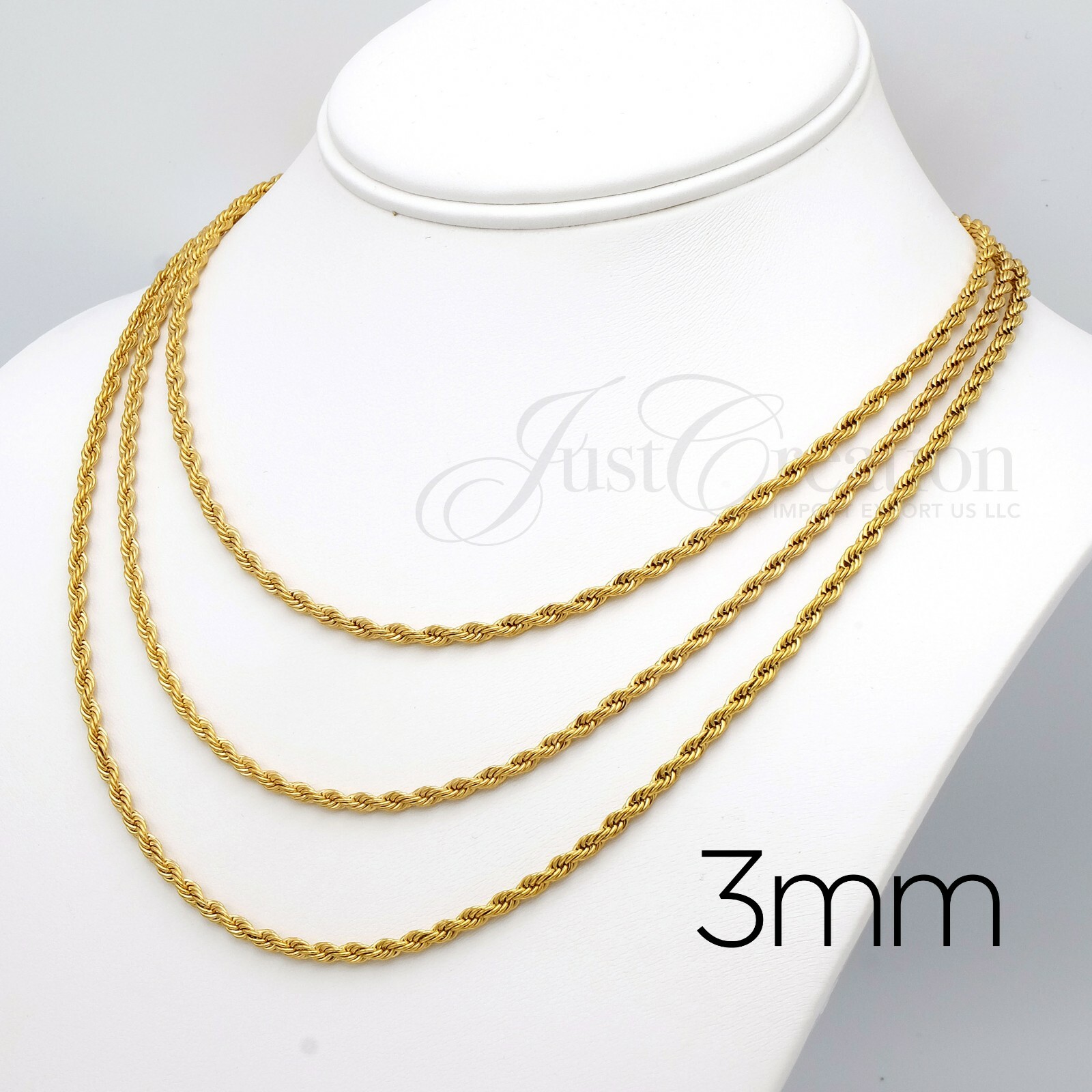 Gold Plated 18K, Stainless Steel 316L 2mm 3mm 4mm Rope Chain Necklace 14in-30in