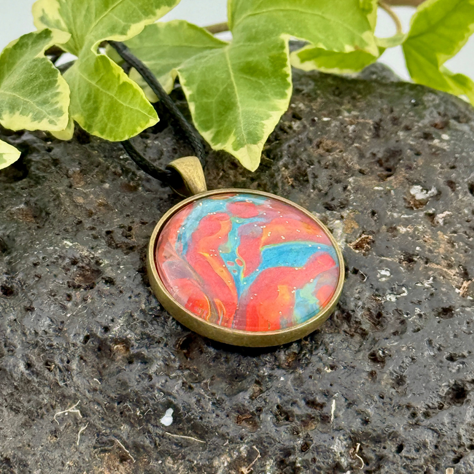 Pendant Necklace Handmade “Coral Ocean” Brass Bezel 30mm Black Cord