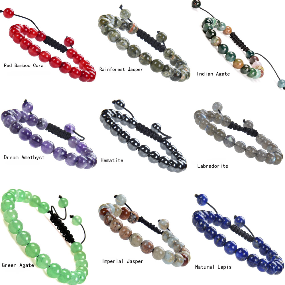 Handmade 8mm natural healing power gemstone beads adjustable bracelet for unisex