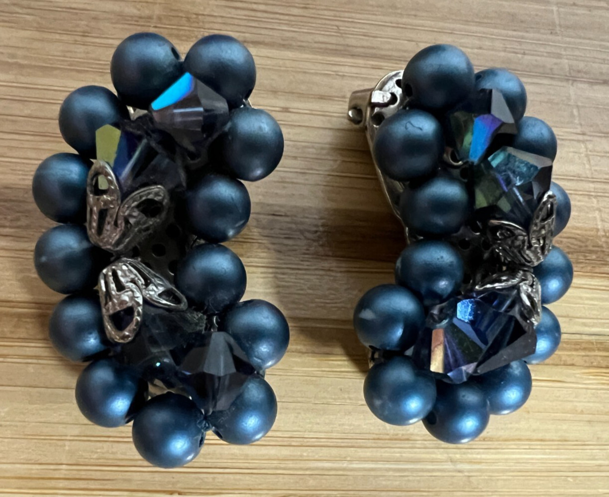 Vintage Blue Beaded climber style clip ear rings –unsigned 1.25 inches