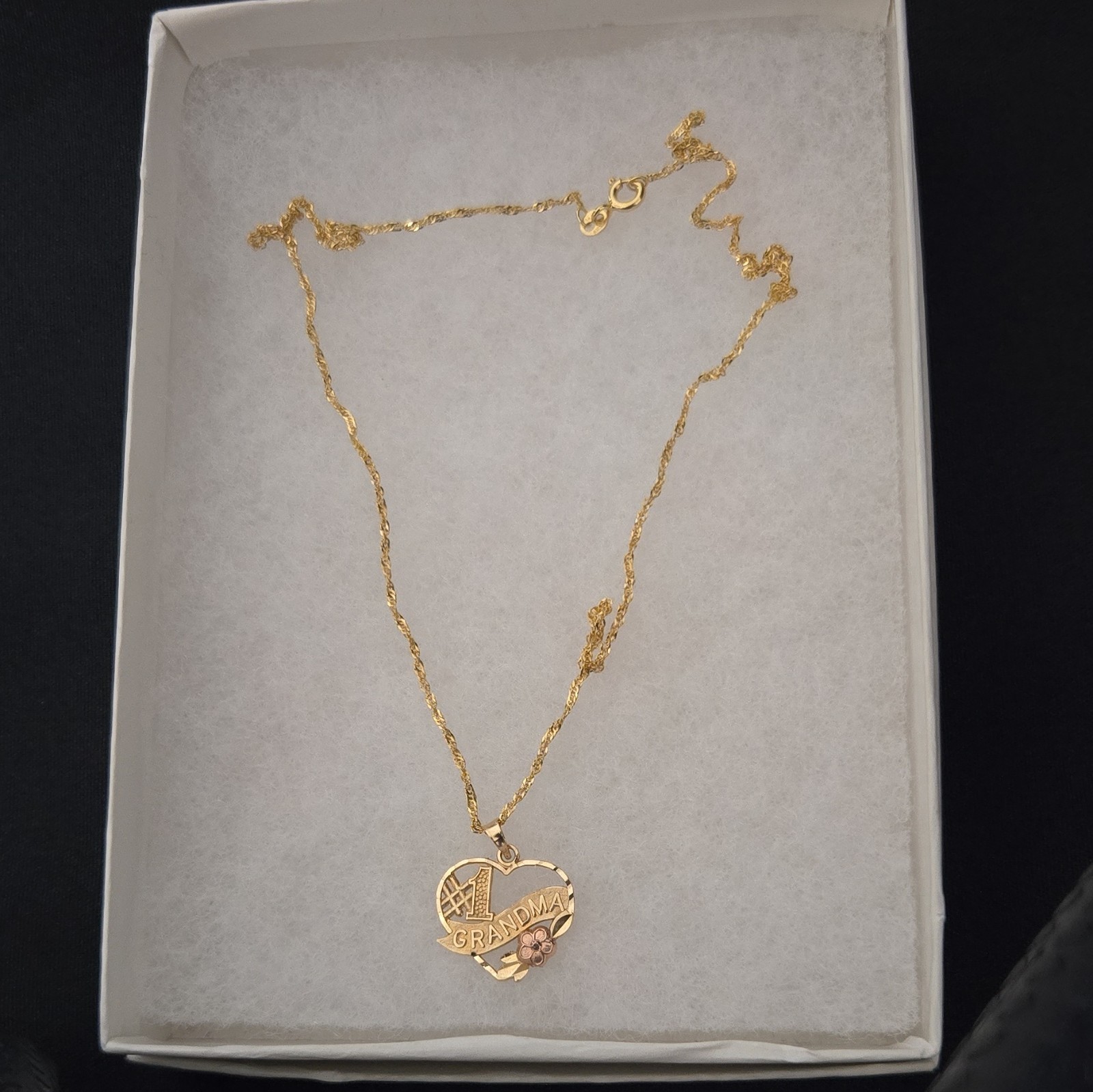14K Yellow Gold #1 Grandma Heart Pendant, 14K Rope Chain Necklace Signed, 2g.