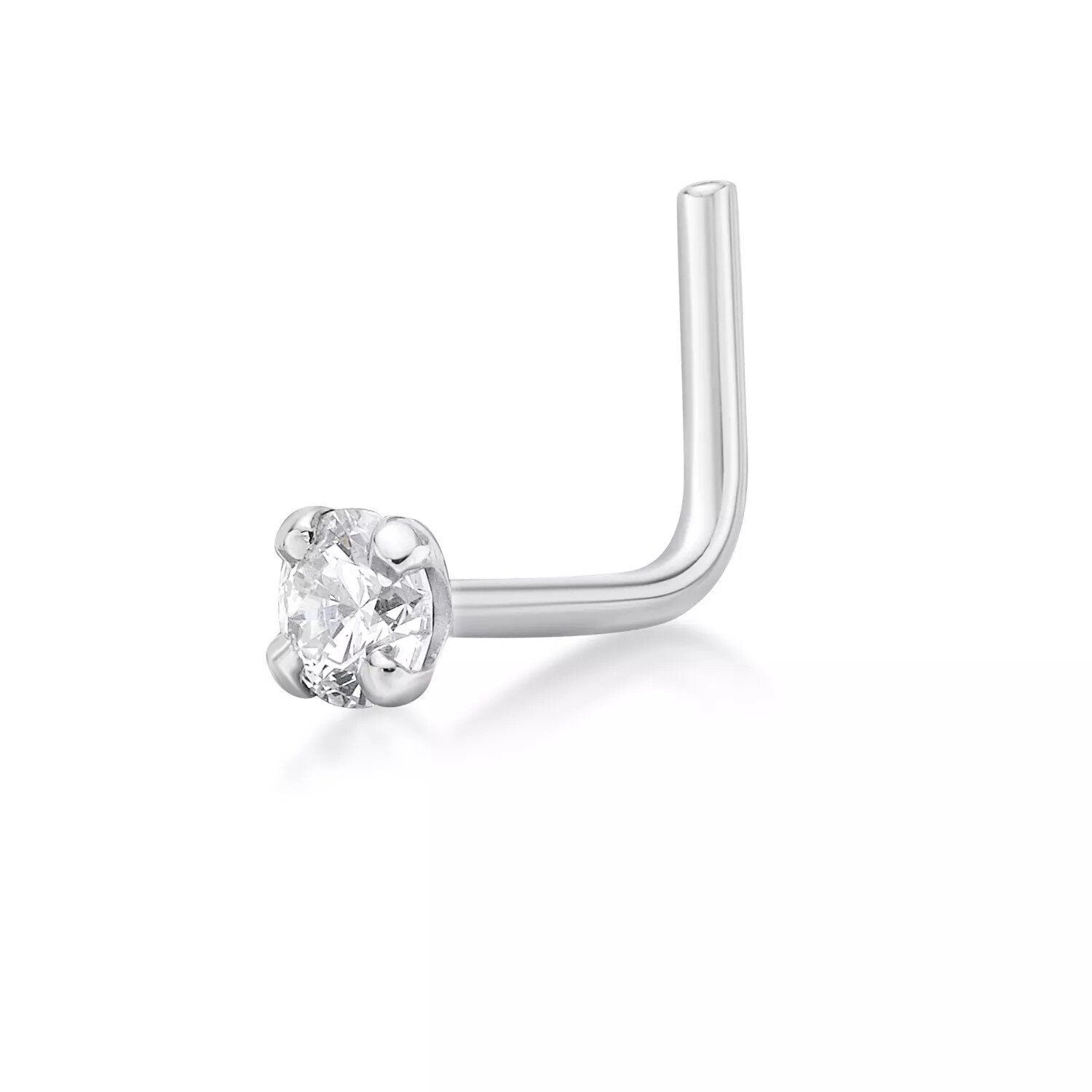 14K White Gold L Shape Nose Ring 22G VS2 Genuine Natural Diamond