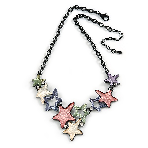 Pastel Multicoloured Matte Enamel Star Cluster Necklace In Black Tone – 40cm L/