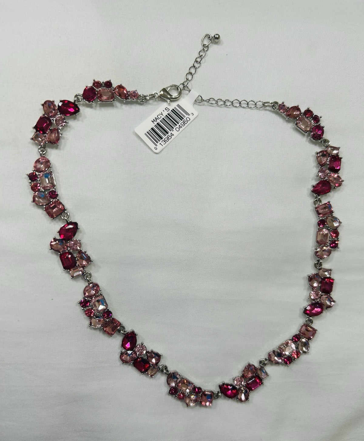 Macy’s Pink & Fuchsia Crystal Statement Necklace Silver Tone NWT