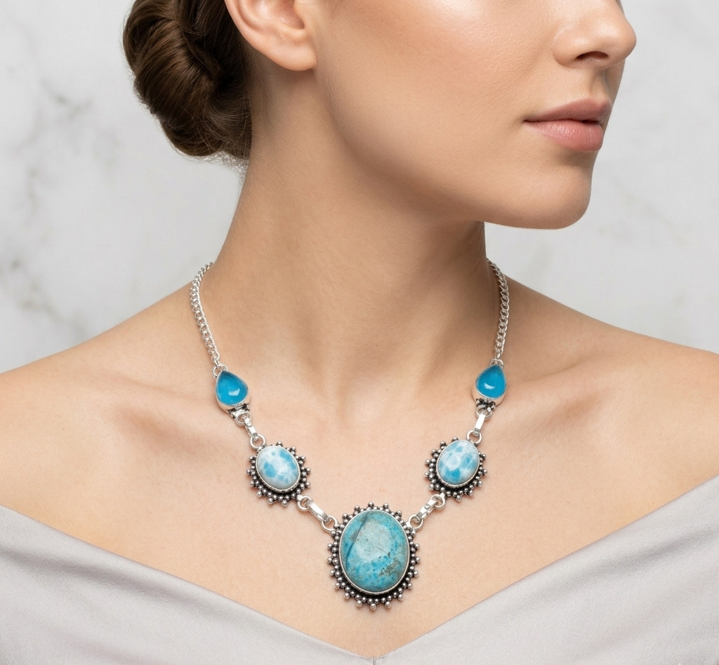 Natural Turquoise, Larimar Necklace 925 Sterling Silver Women Gift Jewelry S-18