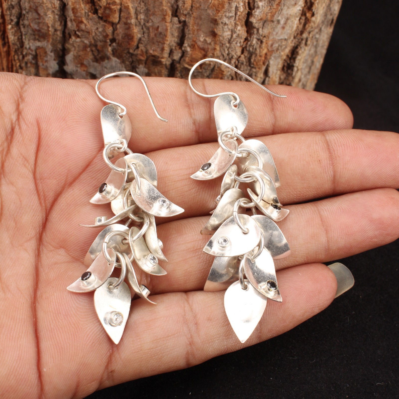 Silver Plated Cascading Leaf Cluster Dangle Earrings