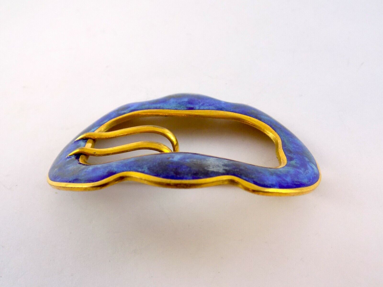 Vintage Unsigned Goldtone Metal and Blue Enamel Belt Buckle Brooch Pin 2.5 Inch