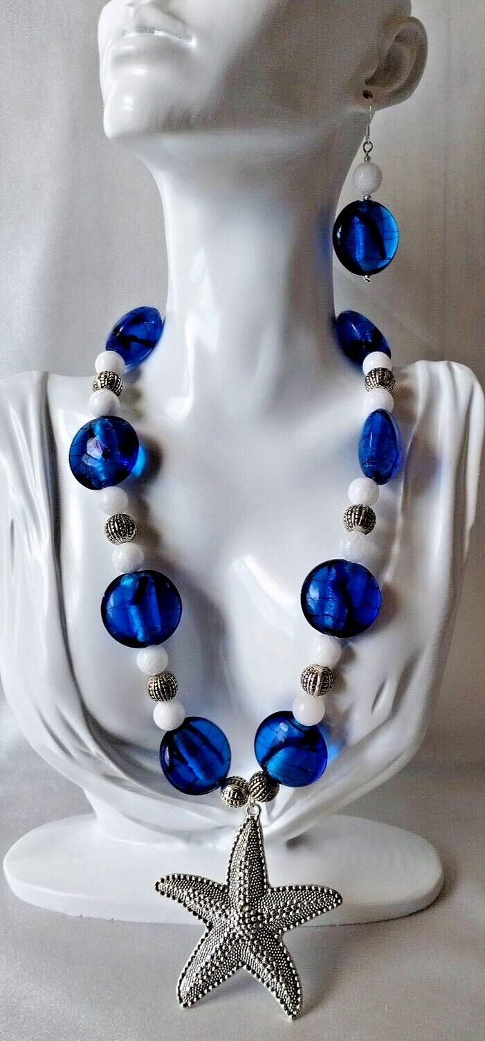 Silver Starfish Statement Necklace Set White Jade Cobalt Blue Glass
