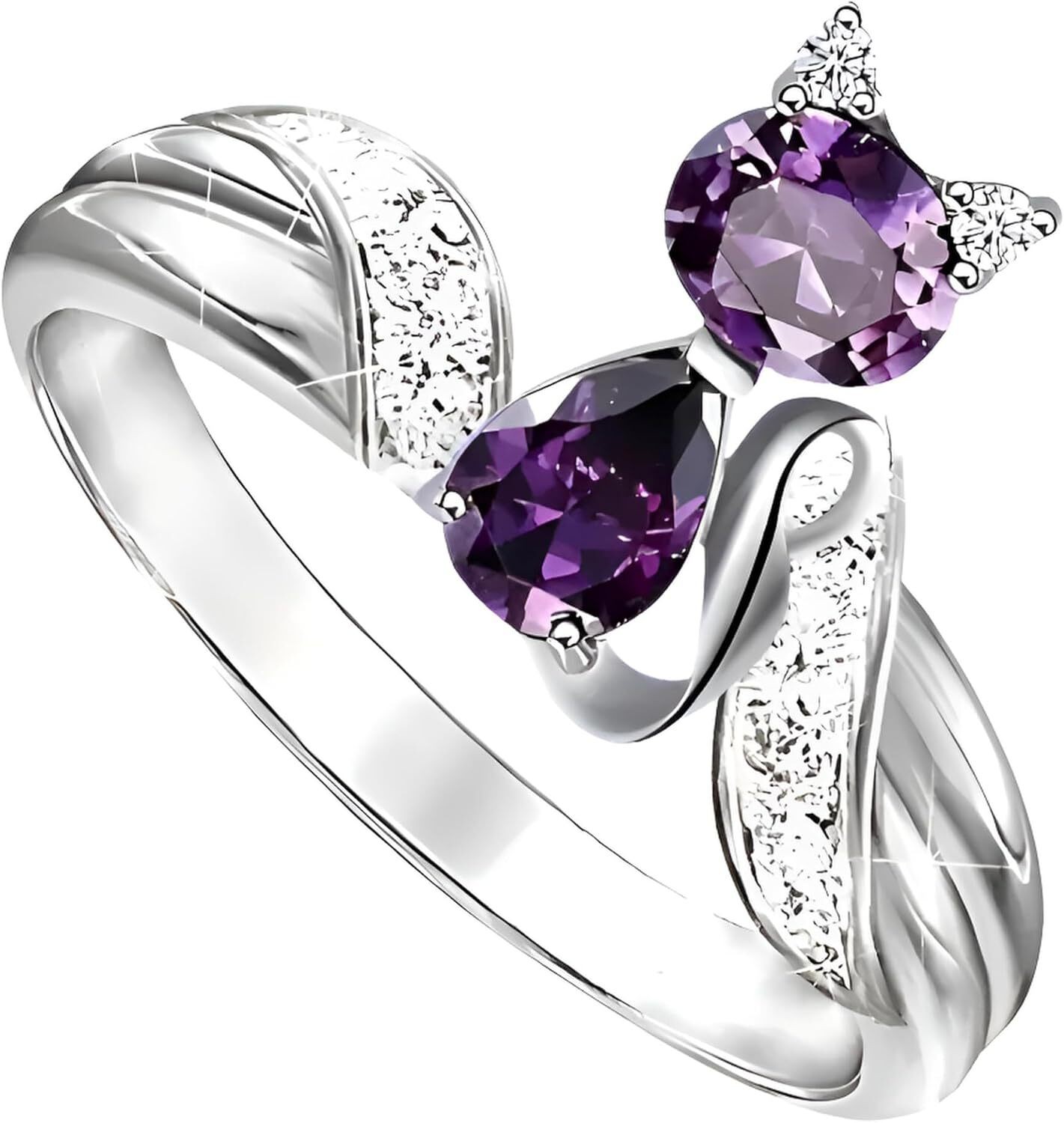 Stainless Steel Purple Crystal Cat Ring with Cubic Zirconia Accents – Glass Ring