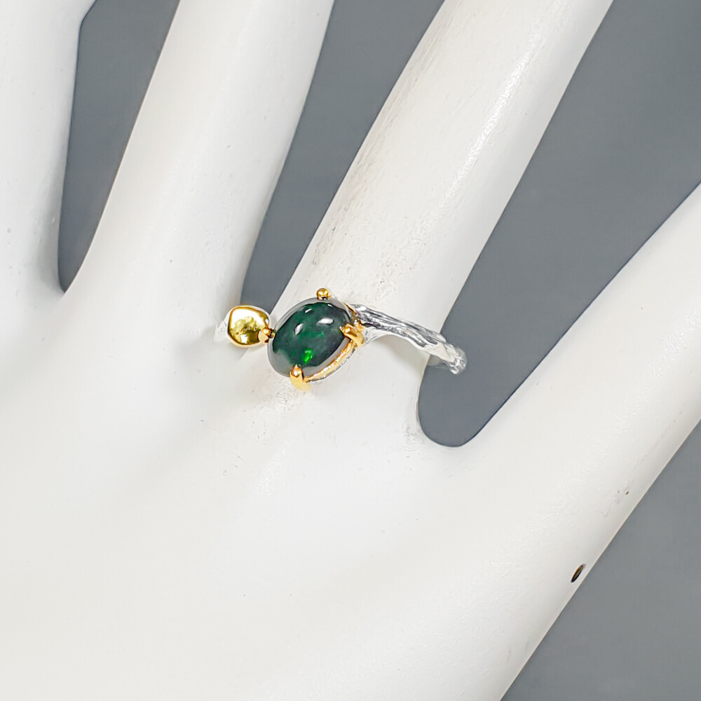 18k gold plate 925 Sterling Silver Ring Heated Natural Black Opal 7×5 / RVS340