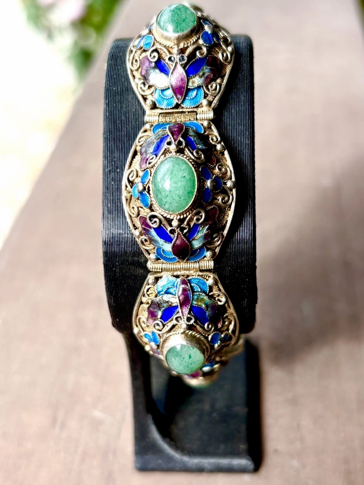 Antique Chinese Export 900 Silver Jade Enamel Gold Gilt Bracelet 1920’s-40’s 7”