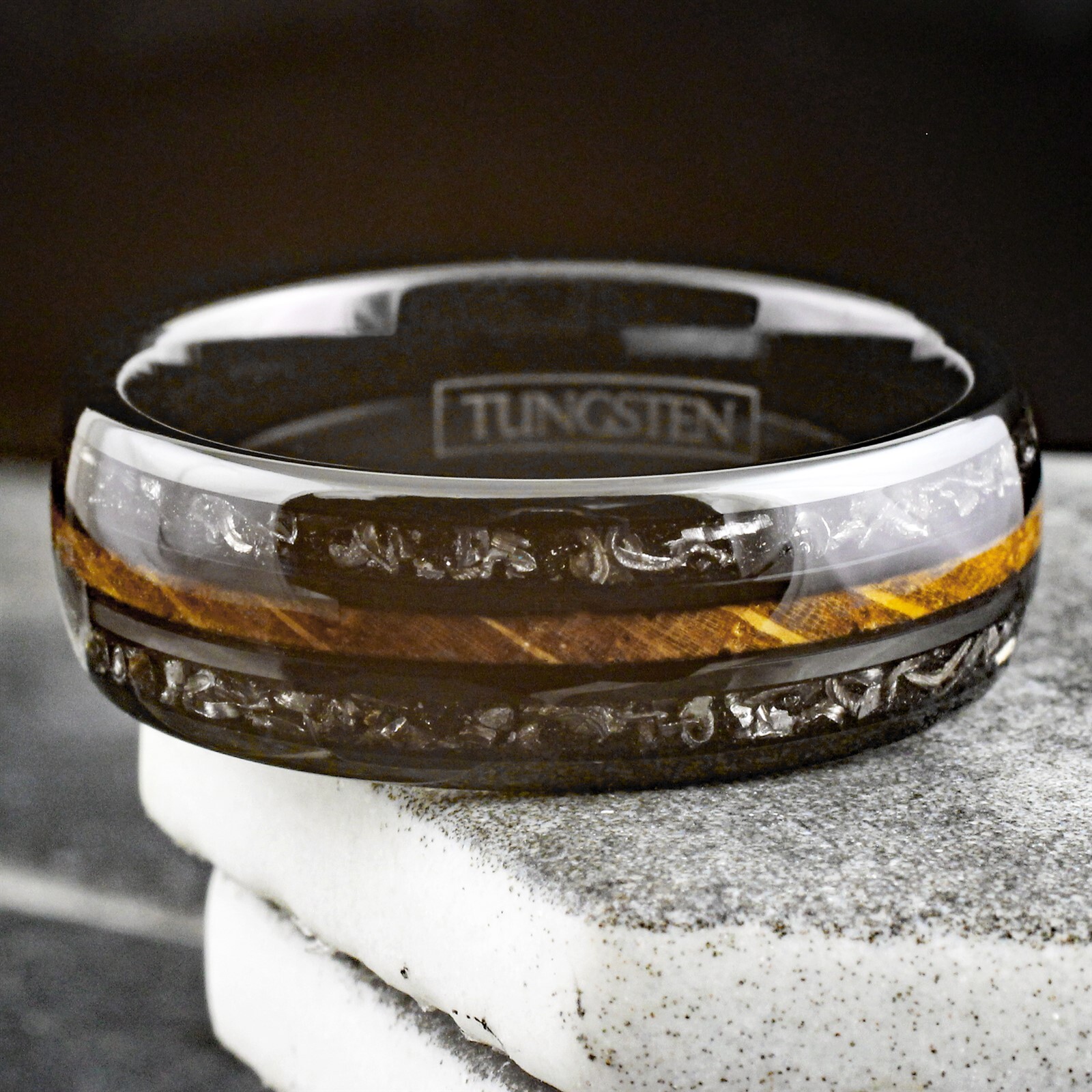 Black Tungsten Carbide Men’s Ring Whiskey Barrel Wood & Meteorite Wedding Band