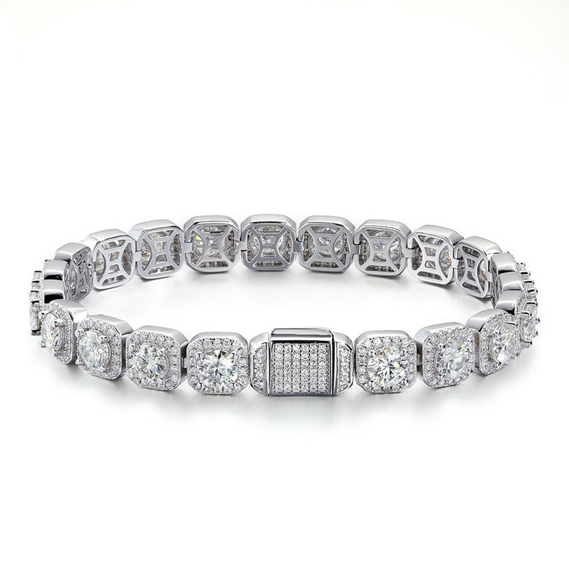 Full Real Moissanite Halo Tennis Bracelet Men 925 Sterling Silver Chain Hip Hop