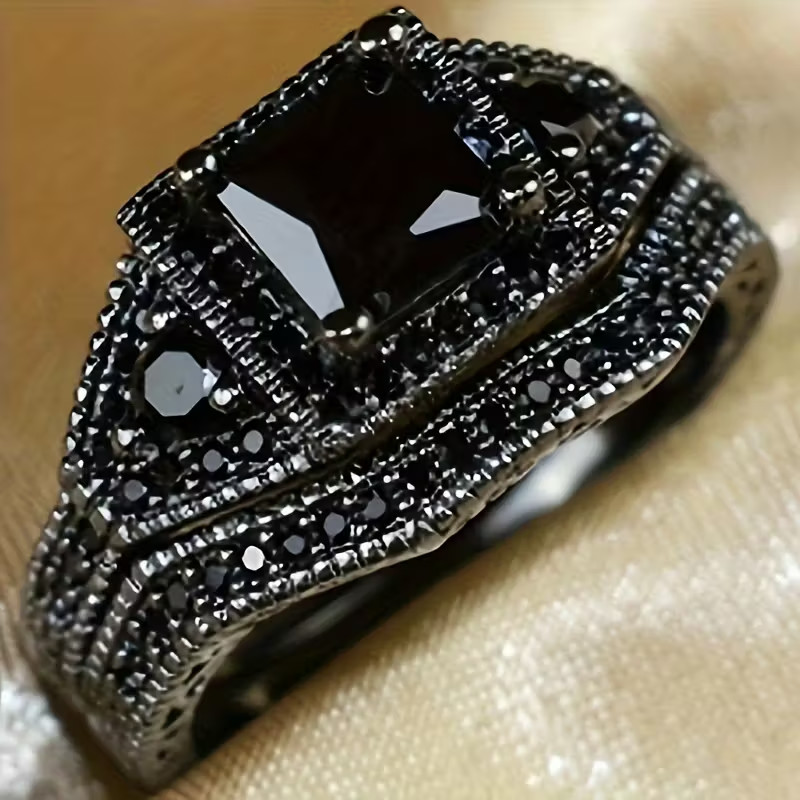 Beautiful 2 Psc. Black Obsidian Ring Set! Size 10. FREE SHIP IN THE USA!