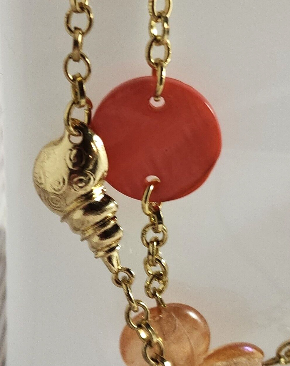 Vitnage Coral Colored Nautical Goldtone Seashell Necklace 36″