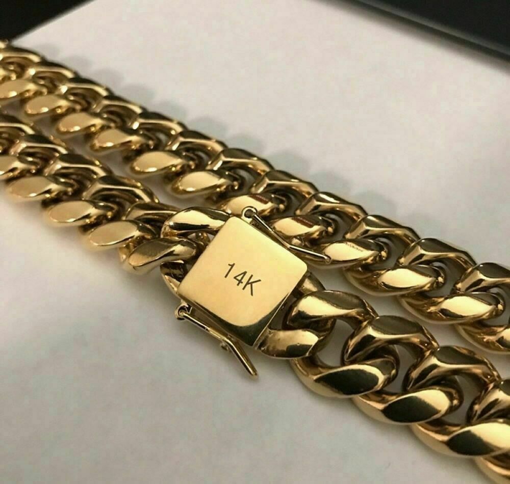 Men’s Miami Cuban Link Chain Bracelet Solid 14K Gold Plated Stainless Steel
