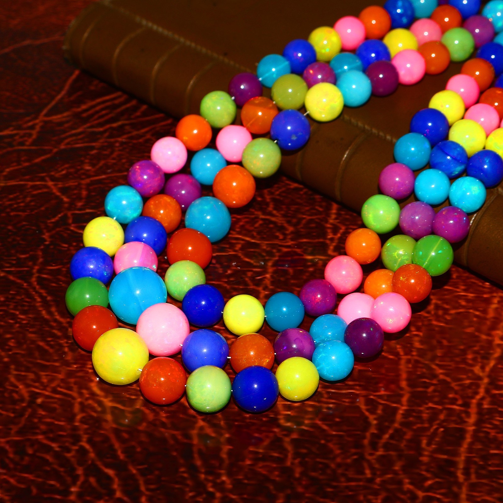 Ethiopian Welo Opal Faceted Round Bead Necklace Multi-Color Play of Fire 565