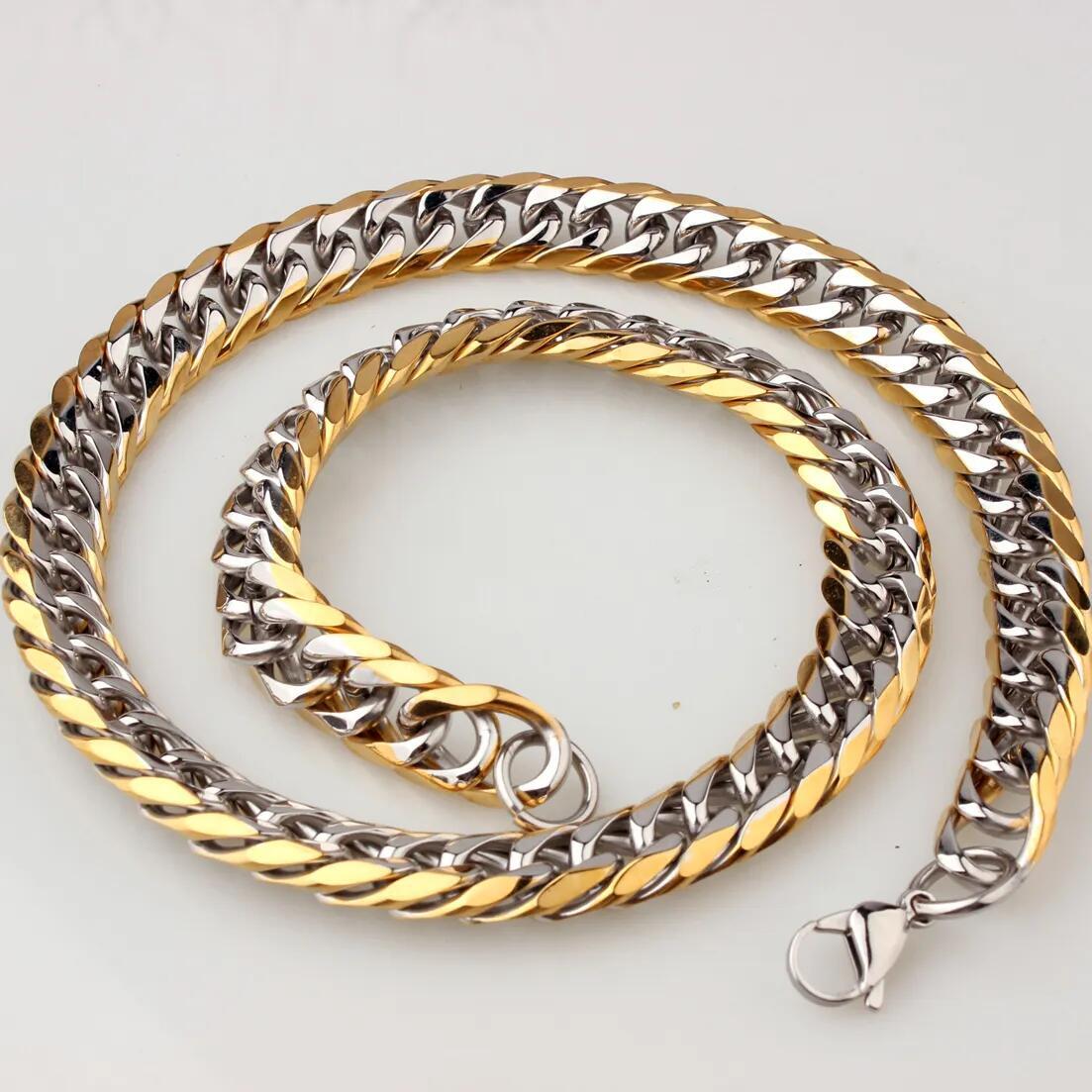 13mm Silver & Gold Tone Stainless Steel Cuban Link Chain Necklace for Men Women