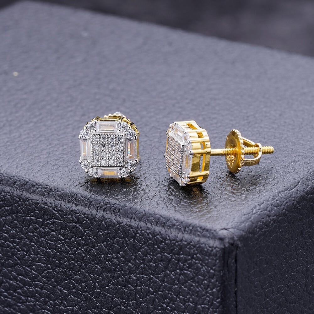 Screwback Earrings Real 14k Gold Plated 925 Silver CZ Baguette Iced Studs HipHop