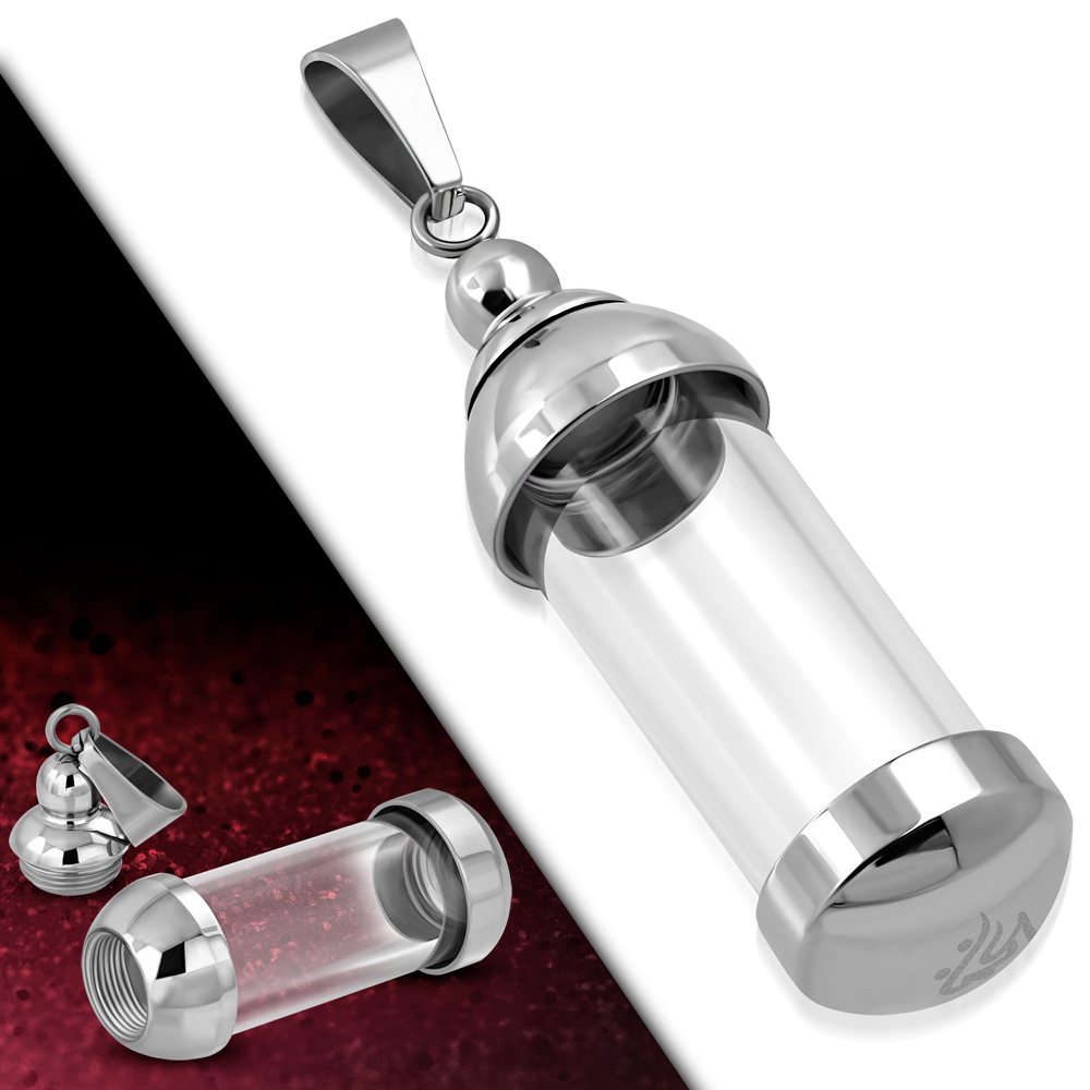 See Through Keepsake Cremation Urn Glass Stainless Steel Pendant Necklace UPK940