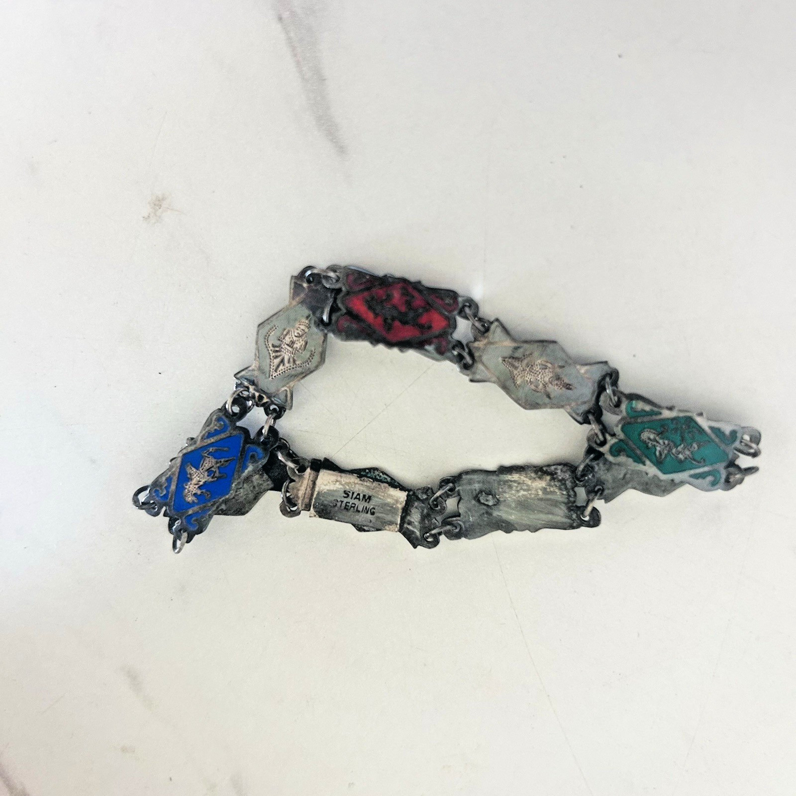 Vintage Siam Sterling Silver Niello 8 Panel Bracelet Thai Deities Gods 7 1/4″