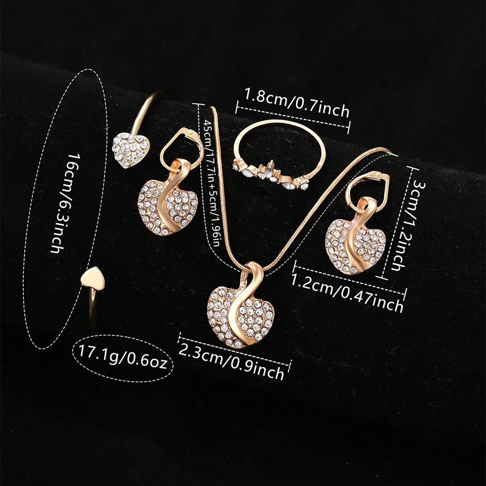 Women Quartz Watch Jewelry Set Gold Ring Necklace Earrings Rhinestone Gift USA