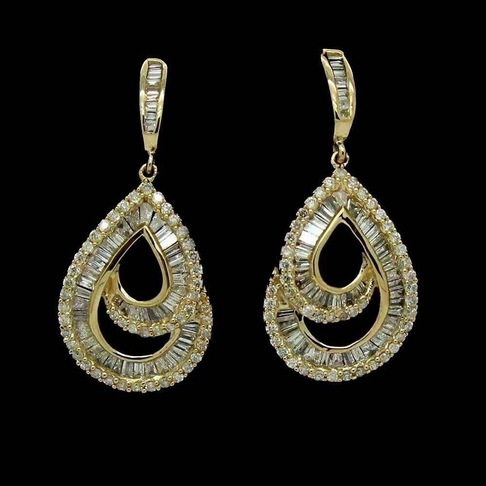 Beautiful 2Ct Baguette Cut Diamond Drop & Dangle Earrings 14k Yellow Gold Finish