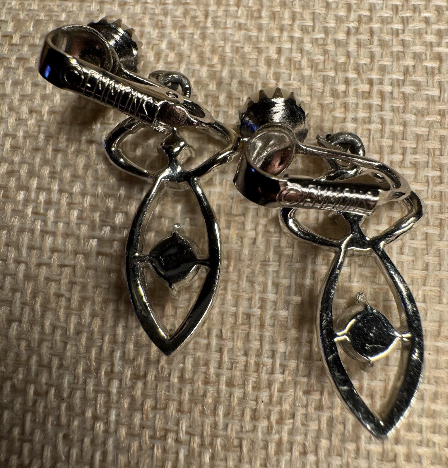 Vintage Silver Tone Signed Dangle Leverback Earrings Faux Pearl & Clear Crystal