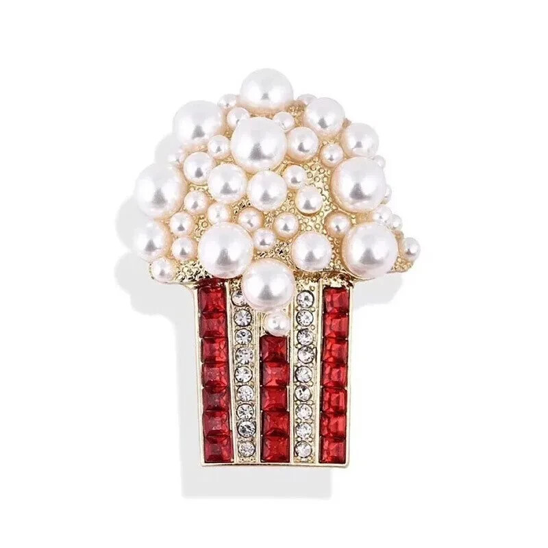 Pearl Popcorn Brooch, Fashion Rhinestone Pin, AMC Theater Lovers