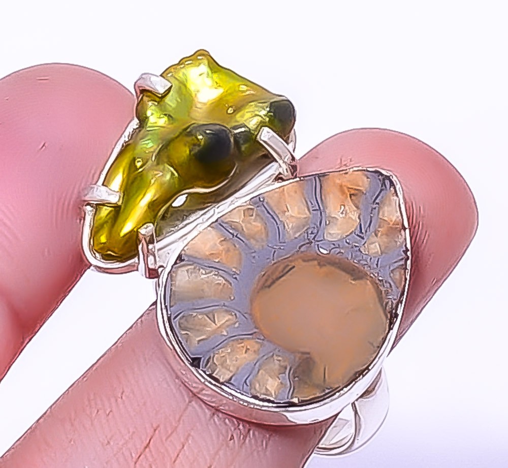 Pyrite Ammonite Fossil – Morocco & Biwa Pearl 925 Silver Ring s.9 T95
