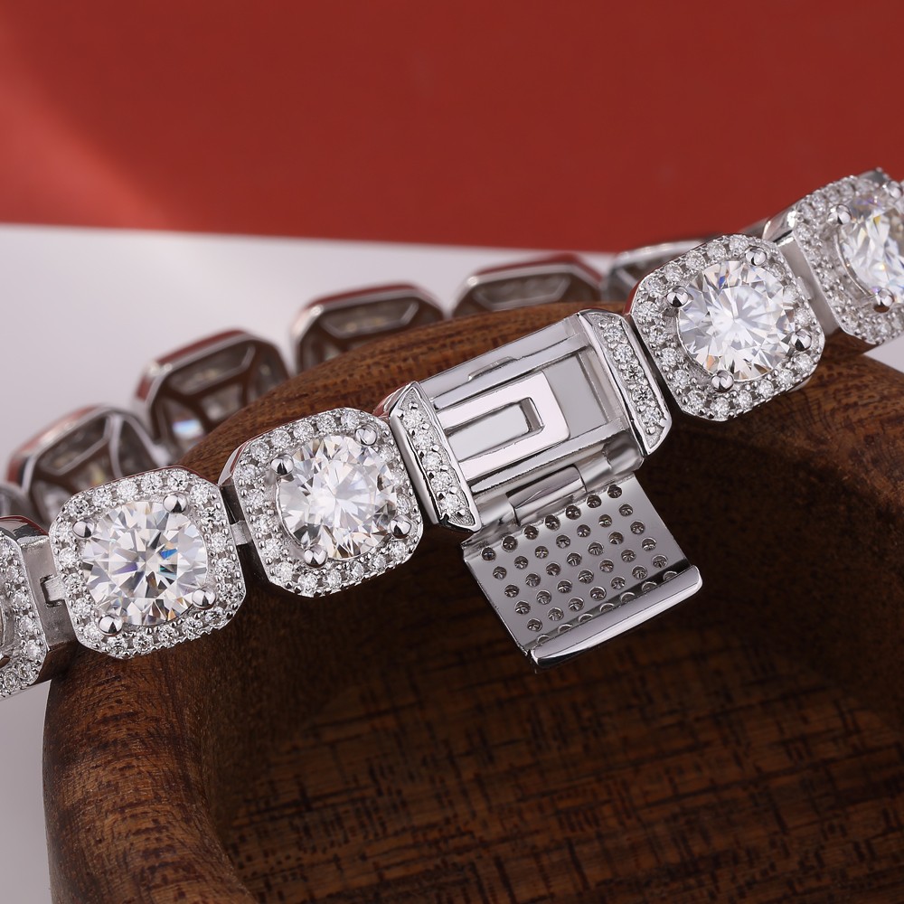 Full Real Moissanite Halo Tennis Bracelet Men 925 Sterling Silver Chain Hip Hop