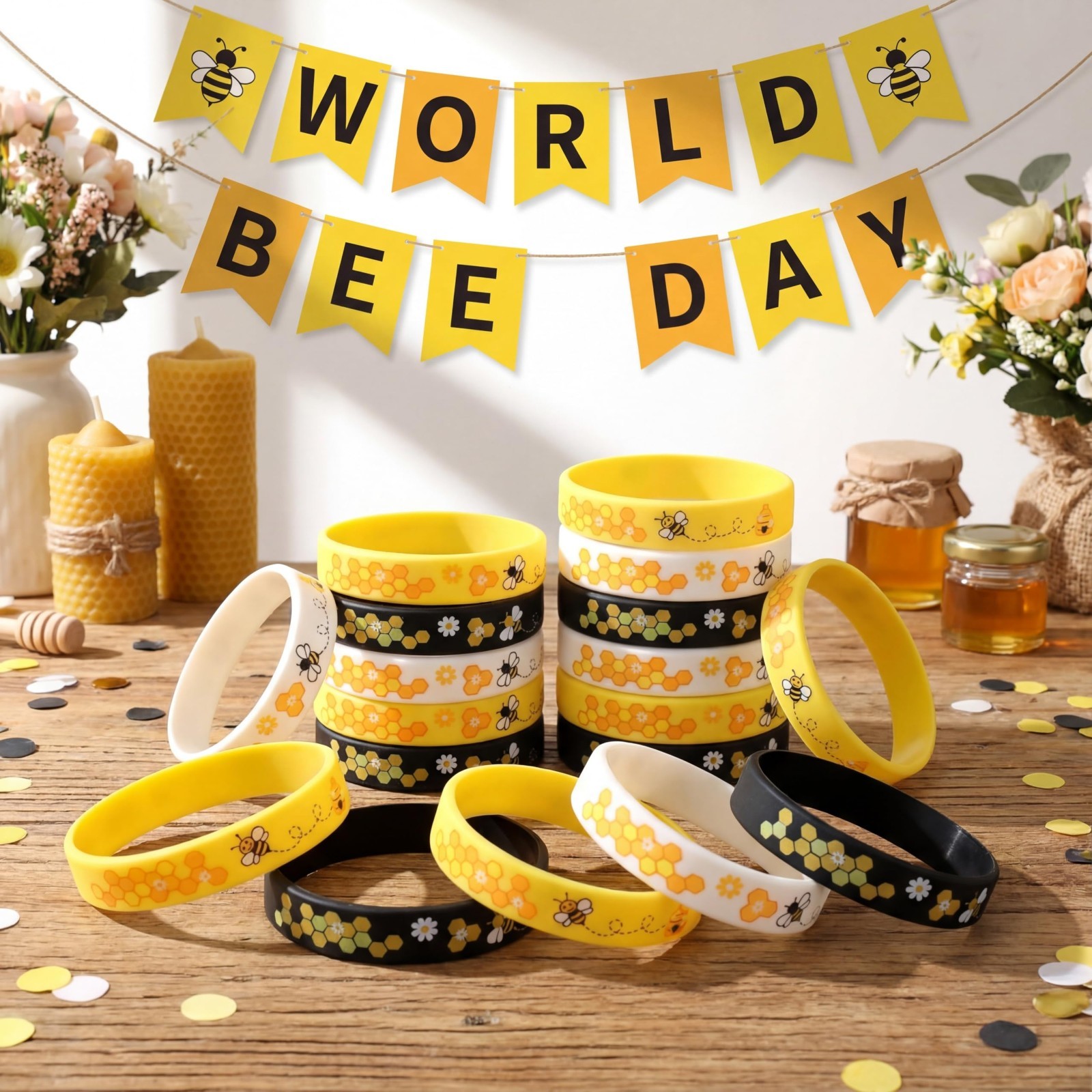 200 Pcs Silicone Bee Bracelets – Adjustable Unisex, Assorted Colors, Durable, Pa