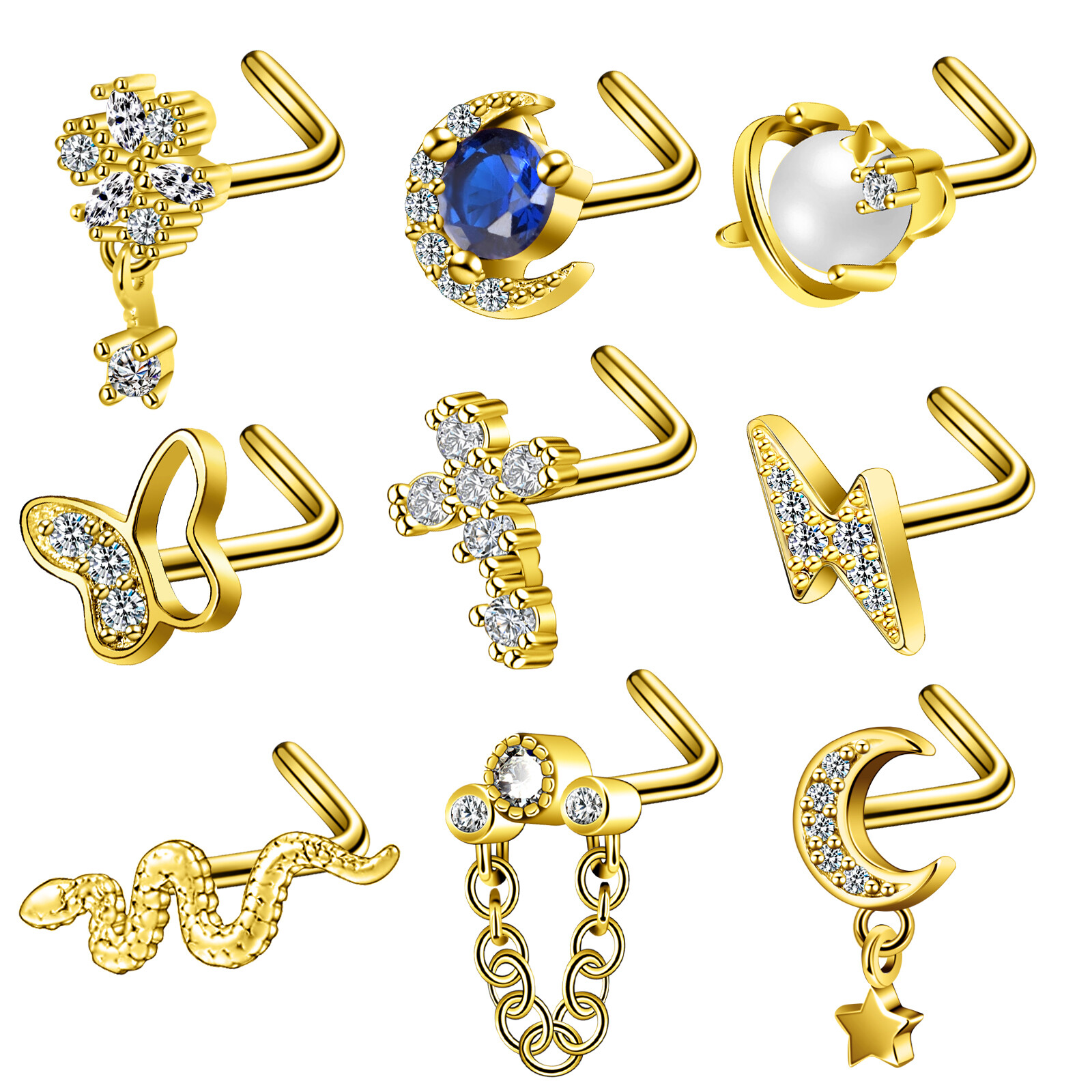 9 Pcs 20G CZ Opal Nose Rings Studs L Shape Stainless Steel Body Piercing Gold