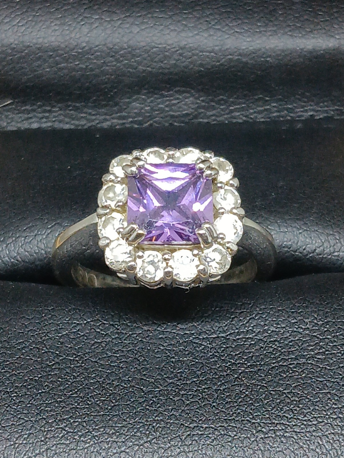 Vintage FAS 925 Sterling Silver Purple CZ Princess Cut Halo Cocktail Ring Size 7