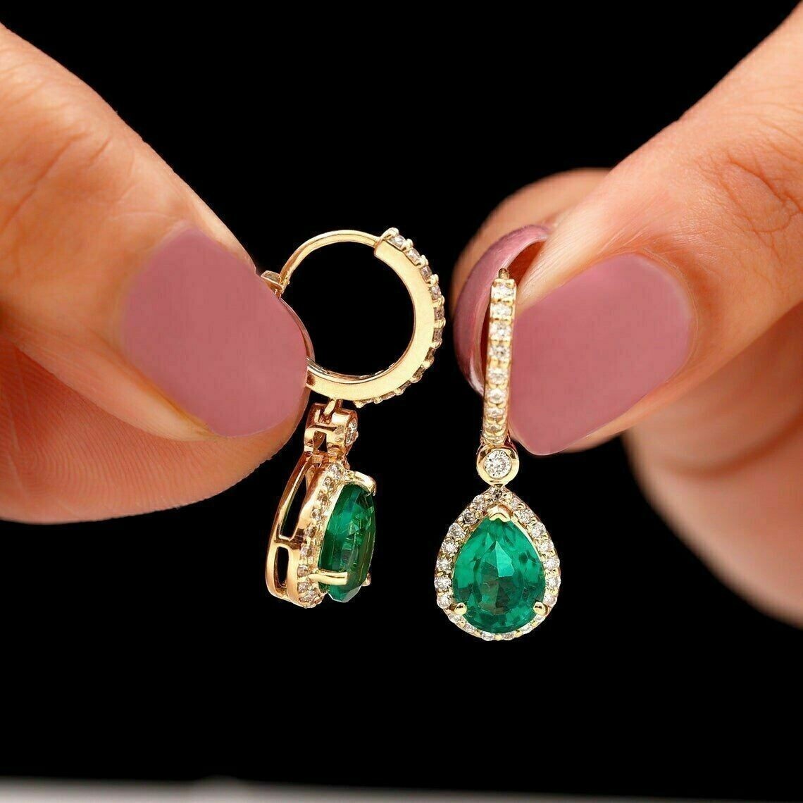 2Ct Pear Cut Simulated Emerald Halo Drop Clip On Earring 14K Yellow Gold Plated
