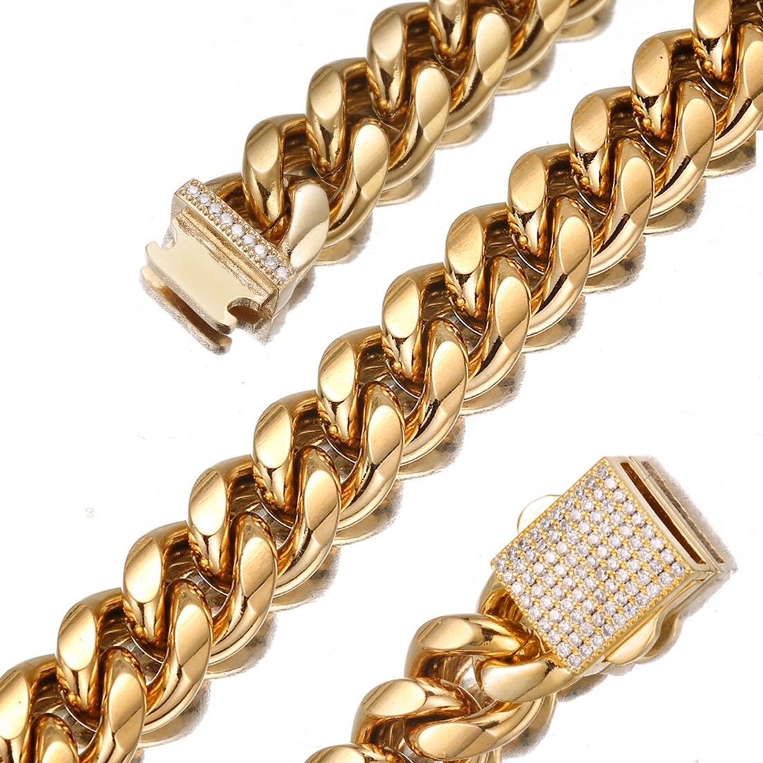 6-14mm Gold Tone Stainless Steel Miami Cuban Link Chain Necklace for Men Women