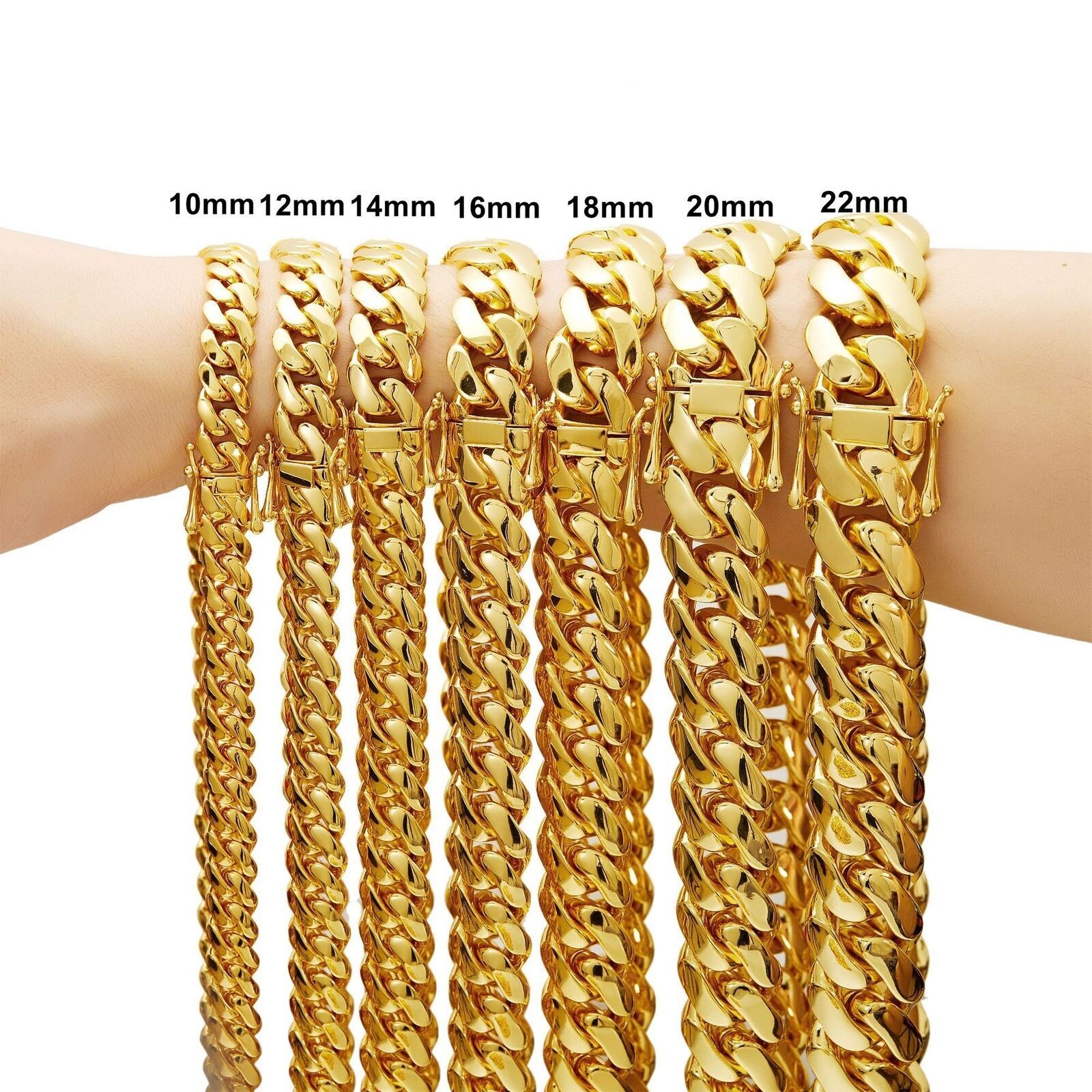 10-22mm Miami Cuban Link Chain Necklace Bracelet 14k Gold Plated Stainless Steel